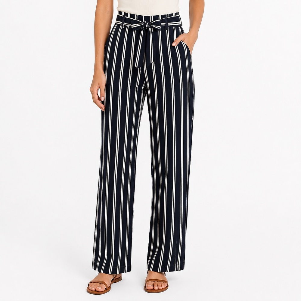 Striped Black and White Wide-Leg Elastic and Tie-Waist Pants